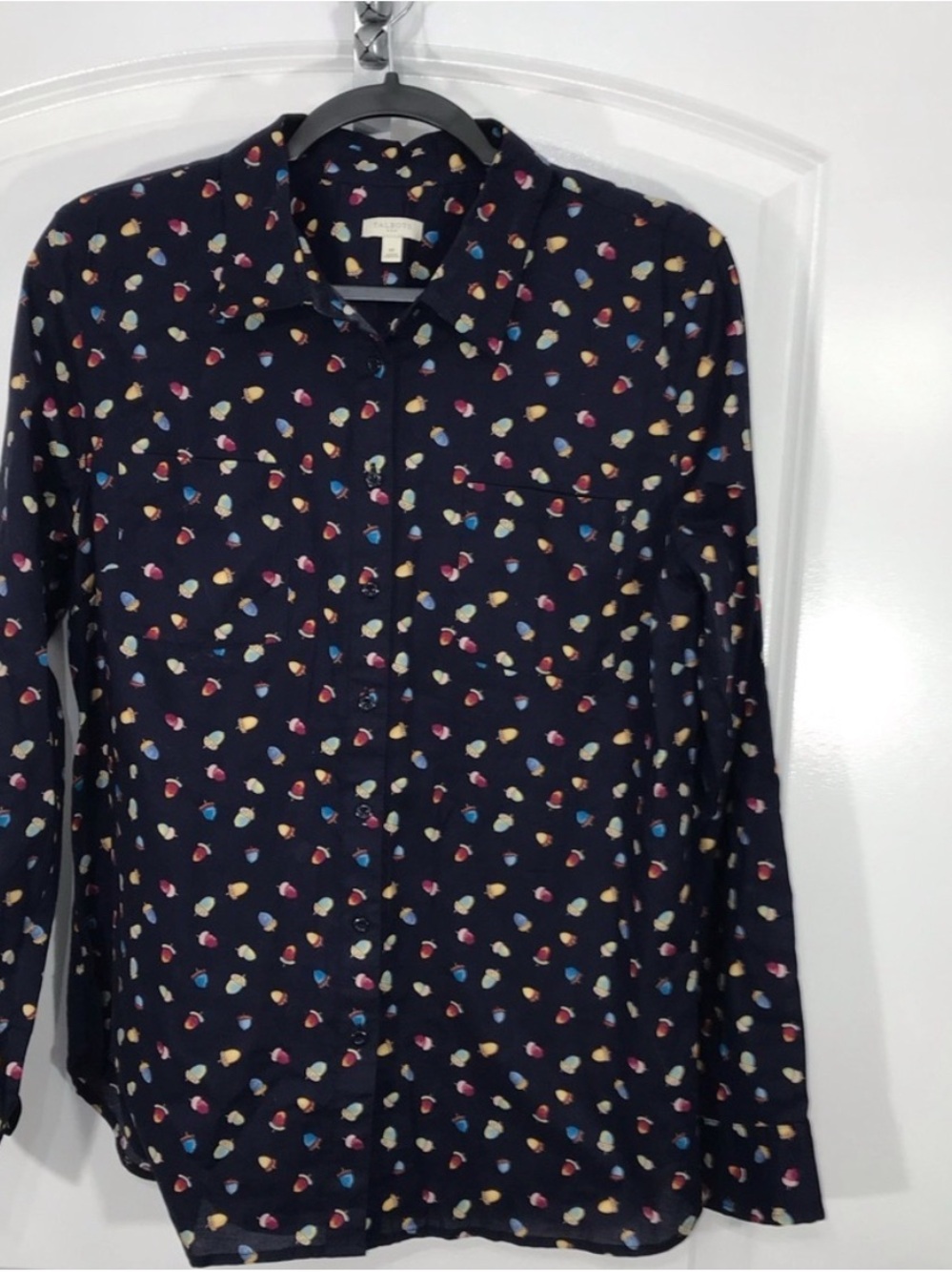 Talbots Navy Button-Down Shirt with Multicolor Heart Motif size Medium